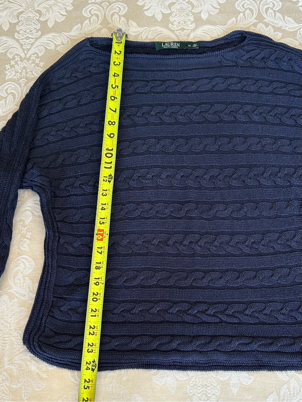 Lauren Ralph Lauren Navy Cable Knit Boatneck Sweater XL 3/4 Sleeve - Picture 4 of 7